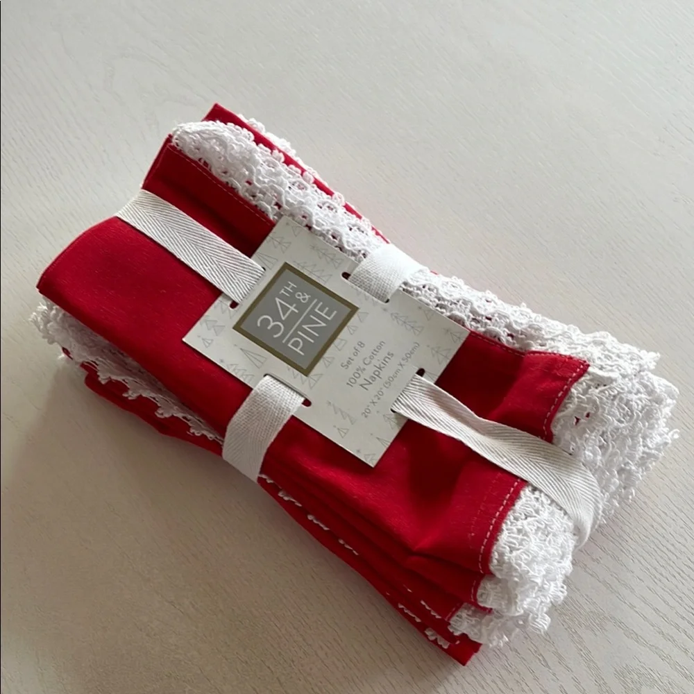 34th & Pine 100% Cotton Cloth Napkins Red with White Lace Trim, Set of 8